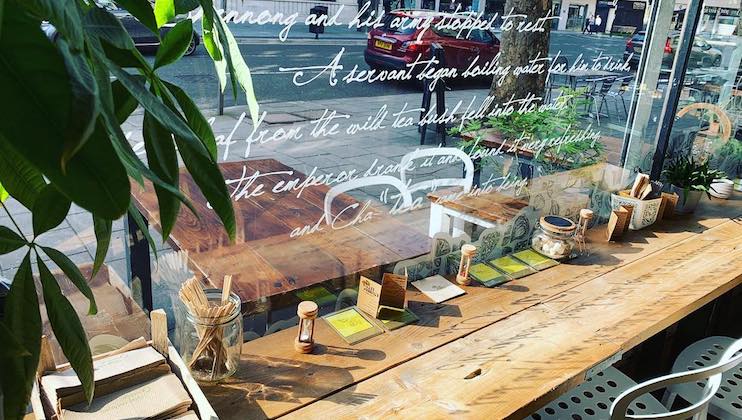A cozy cafe with wooden tables and white chairs is adorned with various decorative items including small plants and condiments. The large window displays a handwritten script, and outside, a street with parked cars is visible. Indoor greenery adds charm to the scene.