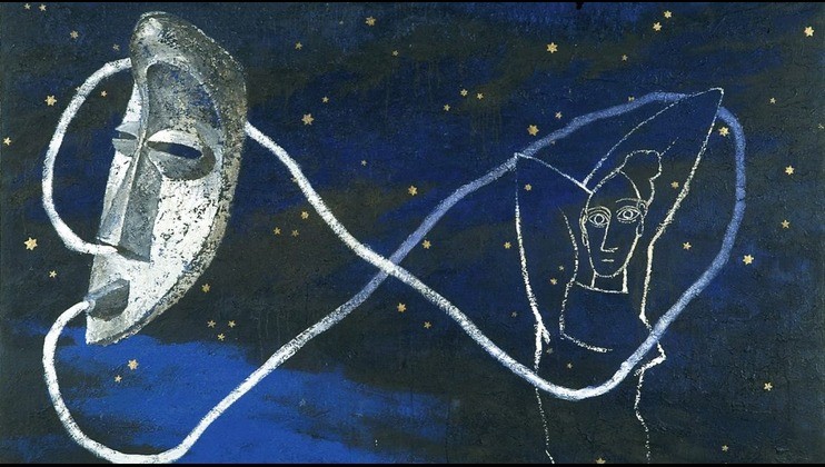 Surreal painting of a large, textured silver face connected by white, swirling lines to a smaller, simplified figure in white against a dark blue background filled with golden stars. The mood is dreamlike, blending abstract and figurative elements.
