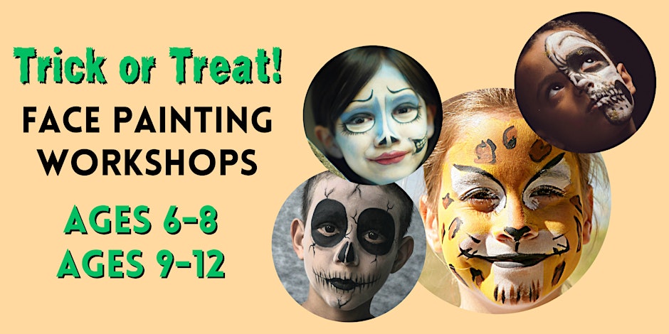 Promotional poster for Jenni Reika's kids Halloween face painting workshop, featuring children with their faces painted as skeletons.