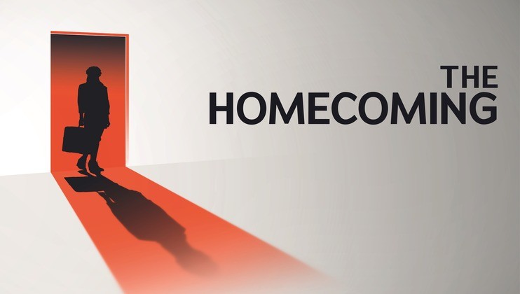 A silhouetted figure holding a briefcase stands in a doorway emitting a bright red light, casting a long shadow. The background is a gradient from light gray to white. The text THE HOMECOMING is prominently displayed next to the figure.