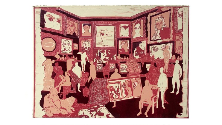 A colorful artwork depicting a crowded art gallery with numerous people observing and interacting. The walls are adorned with various framed portraits and sketches. The scene is vibrant with shades of red, pink, and beige, highlighting an energetic atmosphere.
