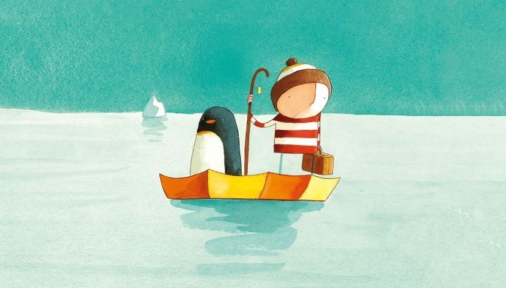 An illustration of a boy and a penguin in a small boat out at sea. Ice bergs are visible in the background.