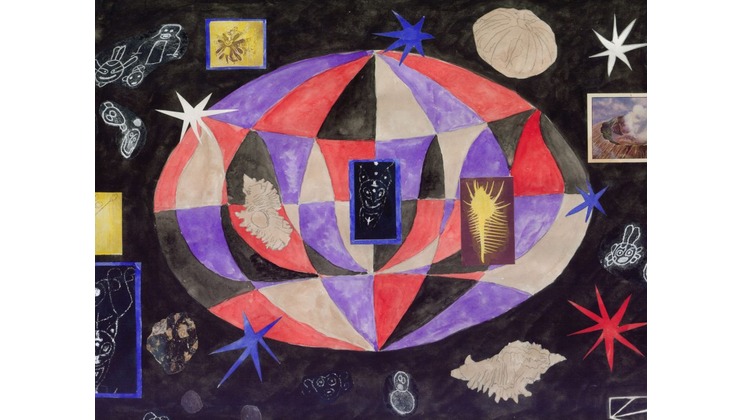 A whimsical illustration with abstract purple, red, and white swirling shapes at the center. Surrounding it are various star shapes, detailed drawings of hands, sea creatures, and small celestial-themed images set against a dark, cosmic background.