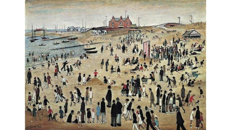 A painting of a busy beach scene with numerous people walking, lounging, and playing. The shoreline features boats and the sea, and there are buildings and swings in the background. The style is characterized by simple, elongated figures and muted colors.