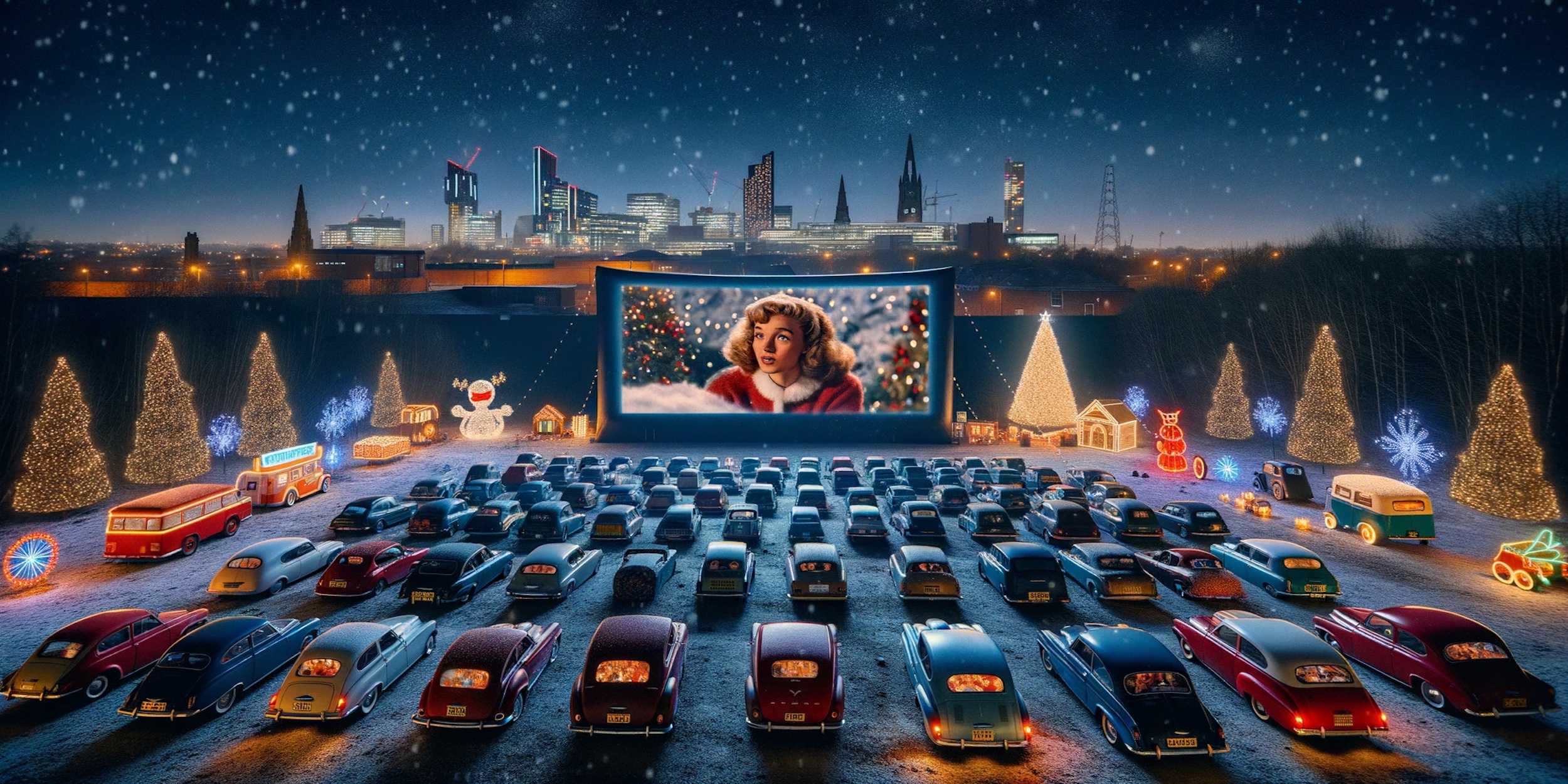 A festive drive-in movie theater at night with a city skyline in the background. Numerous cars are parked, facing a large screen showing a woman in a holiday film. The area is adorned with Christmas lights, trees, and decorations, creating a cheerful holiday atmosphere.