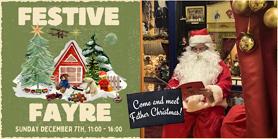 Promotional poster for the Festive Fayre at the Brighton Toy Museum, on Sunday 7th December 11-4pm. A friendly father Christmas reads a story in a cosy toy-filled room decorated with baubles in front of a fire.
