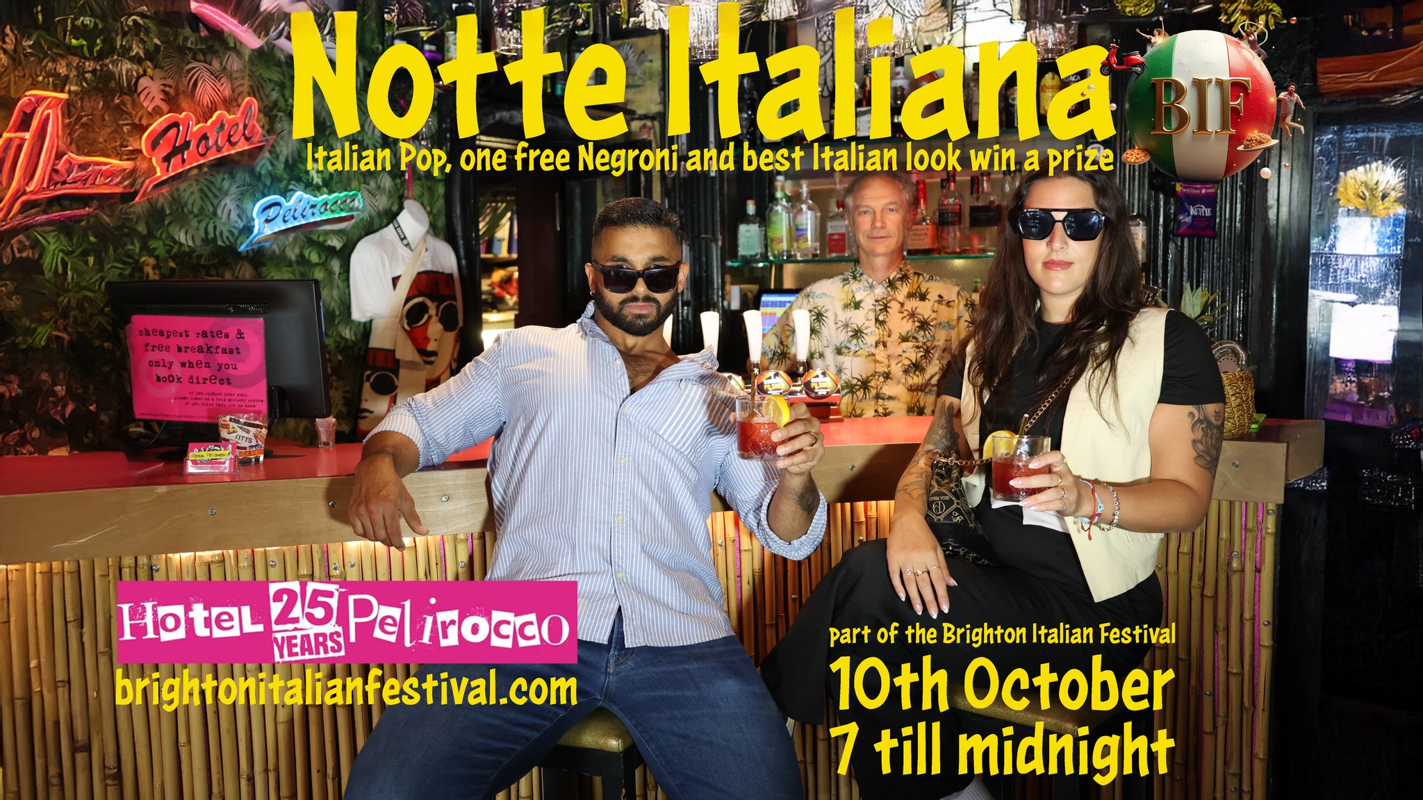 Poster for Notte Italiana at Hotel Pelirocco, part of the Brighton Italian Festival. Two people in sunglasses hold Negroni cocktails at the bar.