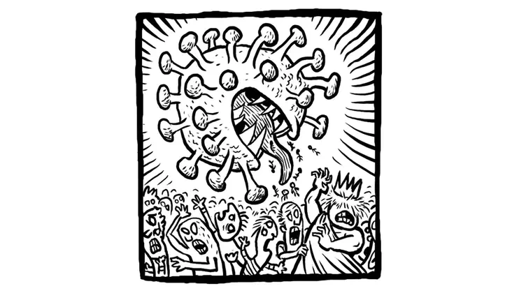 A black-and-white drawing depicts a large, menacing virus particle with spikes, resembling the coronavirus, hovering above panicked and distressed people. Some individuals have their arms raised, mouths open in fear, while others run or huddle together.