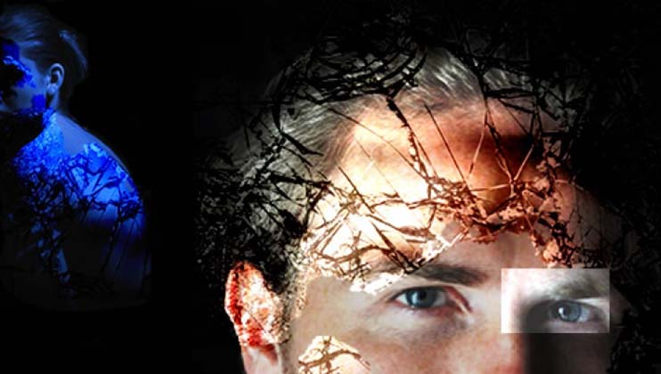 Abstract image featuring a close-up of a man's face with a focus on his eyes. A pattern of dark, thorn-like branches overlays the image. On the left, a partial side profile of another man's head illuminated in blue light is visible against a dark background.