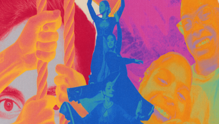 A vibrant and colorful collage showing several women dancing in traditional attire at the center. Surrounding them are close-up images of people’s faces and hands holding onto ropes, all depicted in bright hues of pink, orange, yellow, and blue.