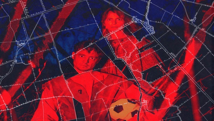 Two individuals are portrayed in the image. The person in front is holding a soccer ball. The entire scene is overlaid with a map featuring red and blue colors and multiple intersecting lines, giving the image a vibrant, abstract appearance.