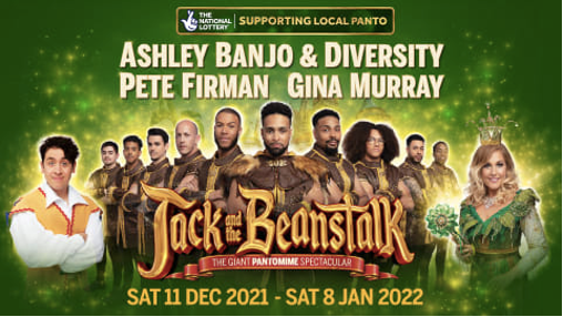Image features a promotional poster for Jack and the Beanstalk pantomime. Cast members including Ashley Banjo, Diversity, Pete Firman, and Gina Murray stand in costumes. Dates listed for the show: Sat 11 Dec 2021 to Sat 8 Jan 2022. Background is green with festive elements.