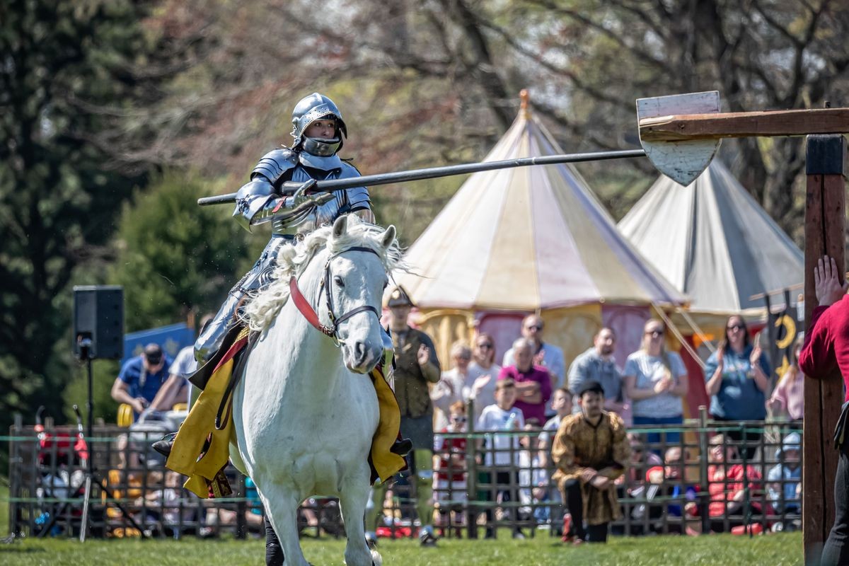 A knight in shining armor rides a white horse while charging at a target with a lance during a medieval reenactment. Spectators in the background watch the scene, with colorful tents visible behind them.