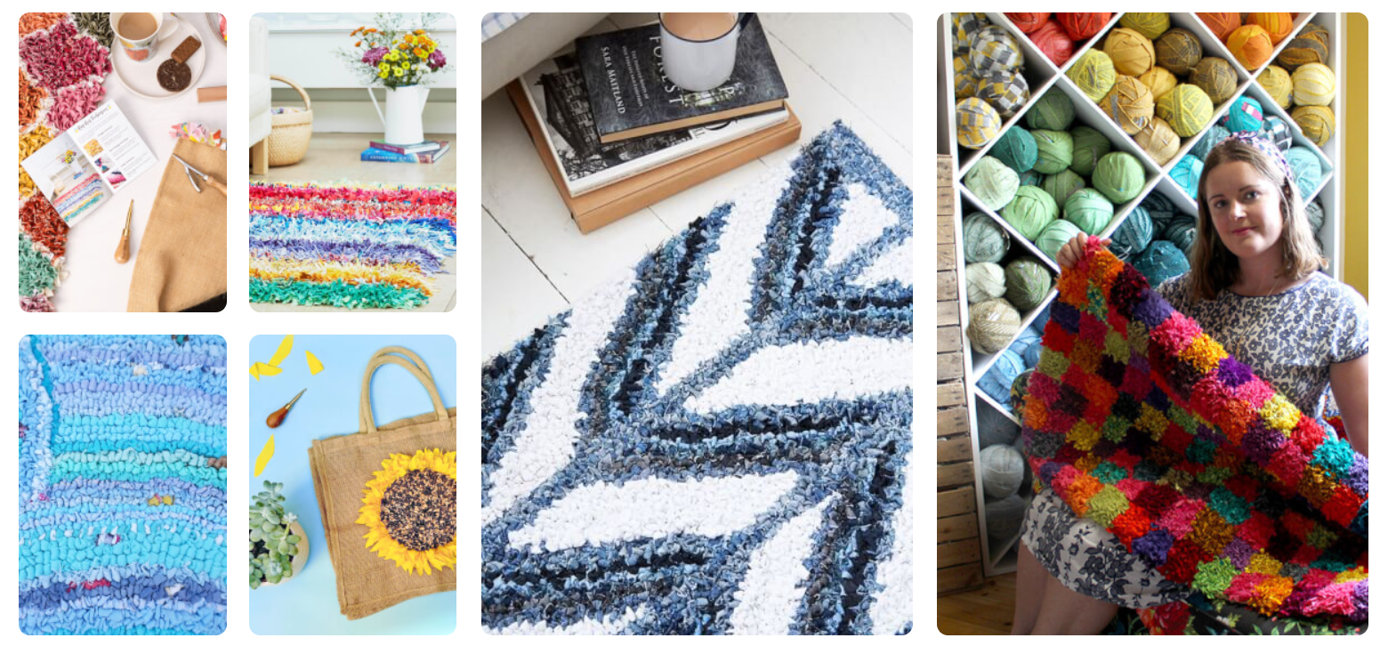 Colourful handmade rag rugs, wall hangings and textiles created using recycled fabric strips, promoting a creative rag rugging course where participants can learn traditional techniques and craft their own vibrant designs