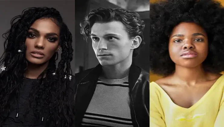 A triptych featuring three people: on the left, a person with long braided hair adorned with beads, gazing forward; in the center, a person with curly hair and a serious expression, depicted in black and white; and on the right, a person with a natural afro wearing a yellow top.