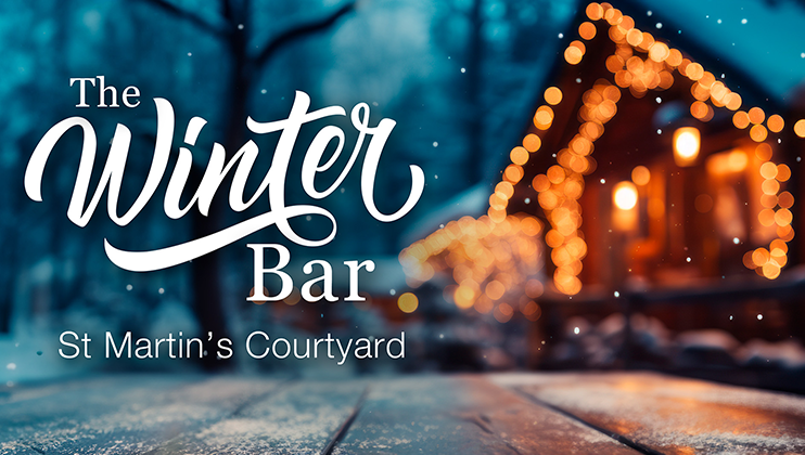 A winter-themed bar sign with festive, glowing lights is shown. The text reads The Winter Bar and St Martin's Courtyard. The background features a blurred, illuminated cabin and trees covered in snow, creating a cozy winter atmosphere.