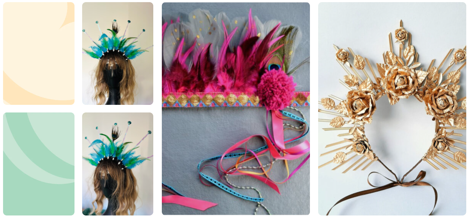 Photocollage of various beautiful headdresses - some with feathers and ribbons, others with golden roses and glitter.
