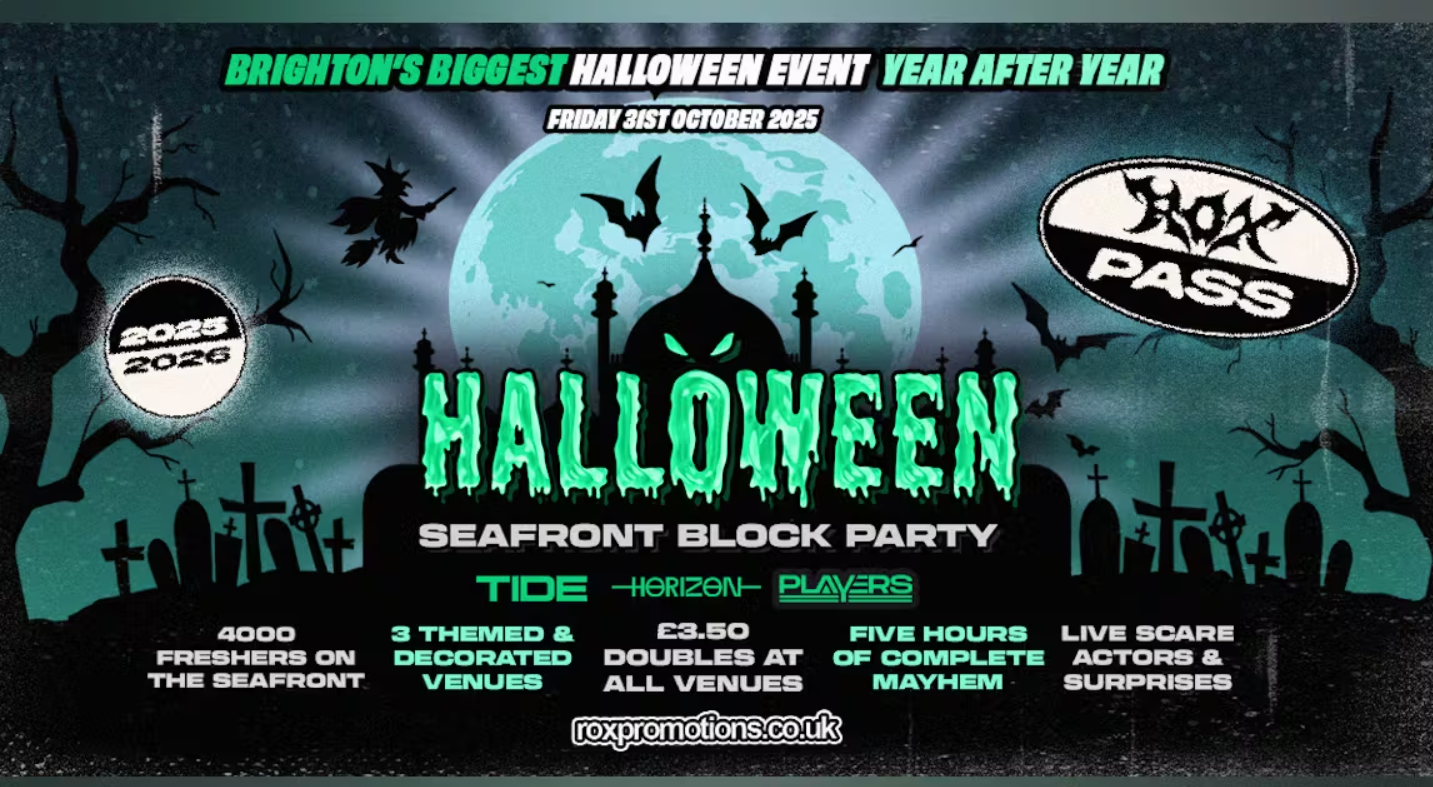Promotional poster for the Halloween seafront block party ran by Rox promotions. Text on silhouetted graveyard clip art design.