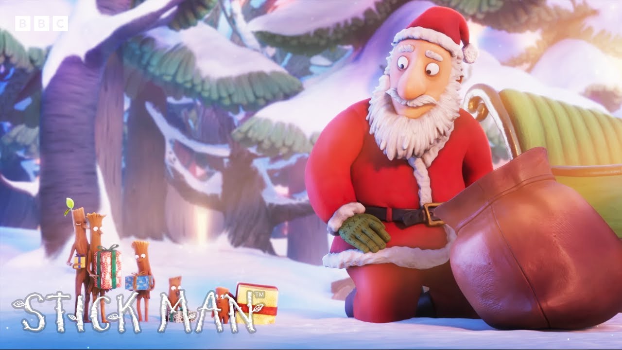 YouTube cover image for BBC Stick Man Ident Christmas, showing beloved children's character Stick Man with cartoon Father Christmas in a snowy clearing.