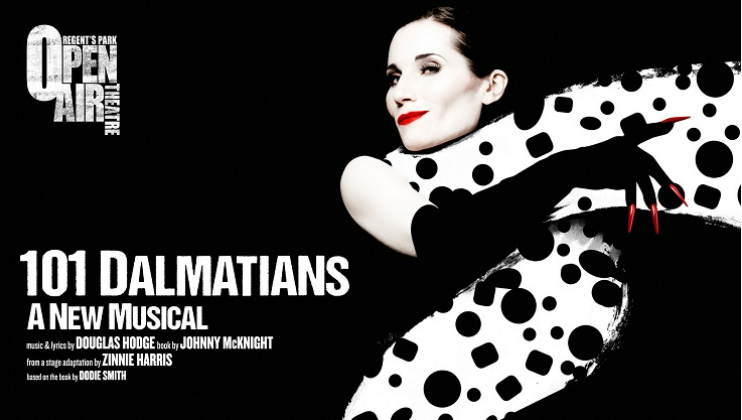 Black and white promotional image for 101 Dalmatians: A New Musical at Regent's Park Open Air Theatre. A stylized woman with red lips and nails, wearing a polka-dotted outfit, holds a dalmatian-pattern scarf. Text provides musical details and credits.