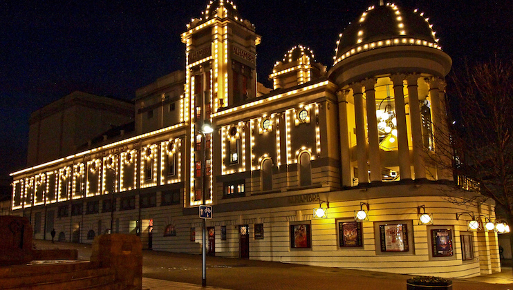 A building with lights on it.