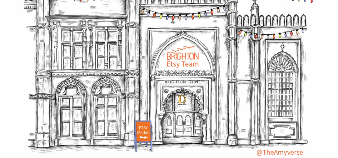 Lovely digital illustration of the Brighton Dome by The Amyverse with a sign leading to the Etsy Brighton Christmas Market inside.