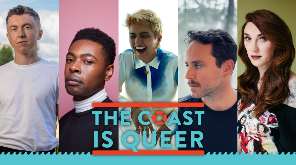 2024 promotional image for The Coast is Queer, featuring various LGBTQ+ writers and performers.