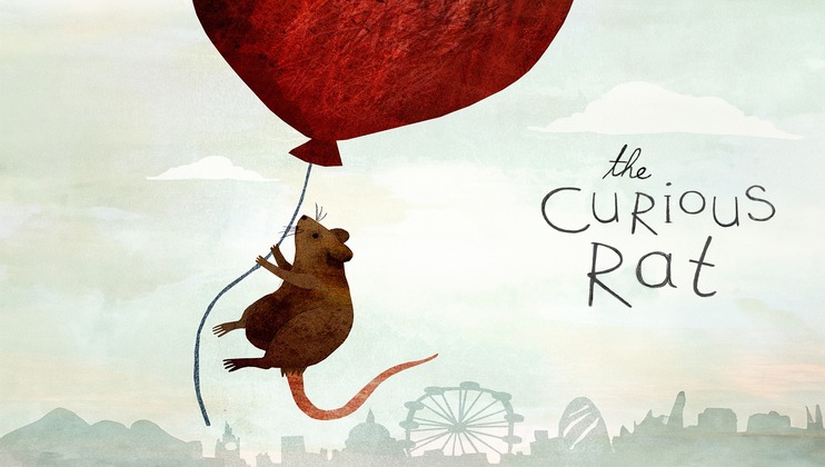 An illustration of a rat floating in the sky, holding onto a large red balloon with its tail hanging down. The background features a silhouette of a cityscape with an amusement park ferris wheel. The text The Curious Rat is written on the right side.