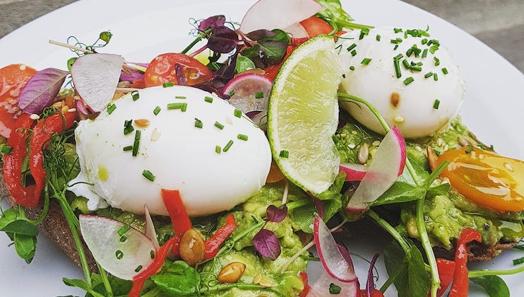 A vibrant plate of avocado toast topped with mixed greens, radish slices, tomatoes, two poached eggs, and a lime wedge. The dish is garnished with chopped chives and seeds, creating a colorful and appetizing presentation.