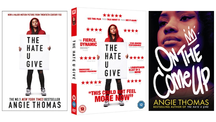 Image of The Hate U Give DVD and book as well as Angie Thomas' new book On The Come Up