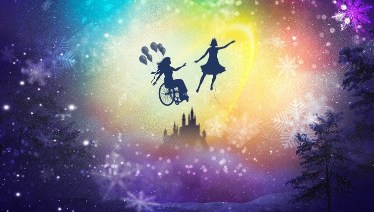 A vibrant, colorful fantasy scene shows the silhouettes of a person in a wheelchair holding balloons and another person leaping. Both are elevated, with a glowing castle in the background and a sky filled with stars and snowflakes.
