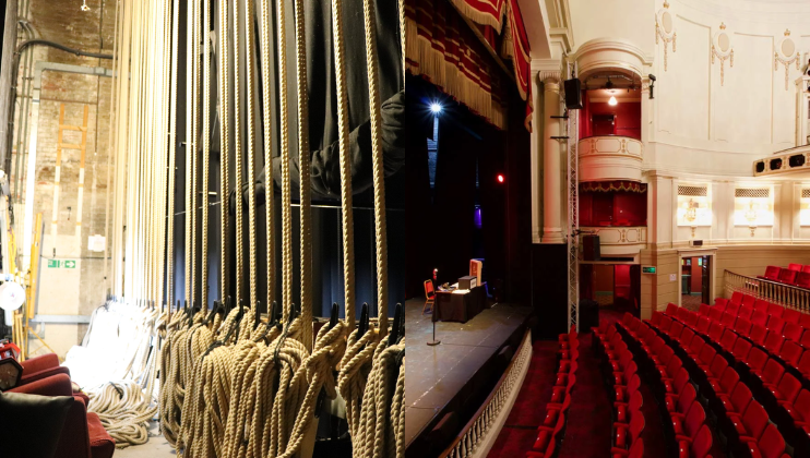 Two photographs in one frame; on the right, the auditorium of Theatre Royal Windsor; on the left, ropes and pulleys from a stage wing