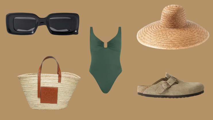 A collage on a tan background shows five items: black rectangular sunglasses, a green one-piece swimsuit with a central knot, a woven wide-brimmed hat, a beige straw tote bag with brown leather handles and logo, and a single tan suede sandal with a buckle.