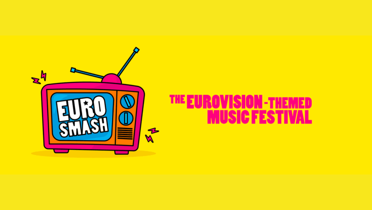 Illustration of a bright pink retro television with the text EURO SMASH on the screen. To the right, bold pink text reads THE EUROVISION-THEMED MUSIC FESTIVAL against a vibrant yellow background.