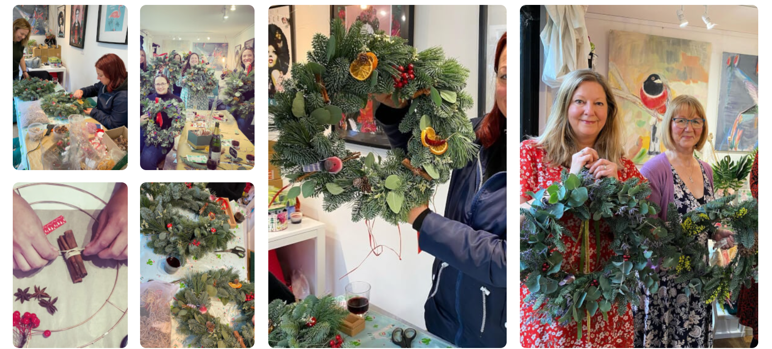 A collage of images from a Christmas wreath making class, showing the crafting process from tying together cinnamon sticks to holding up the impressive finished product - a lush green Christmas wreath covered in berries, dried oranges, cinnamon, flowers and evergreen pines.