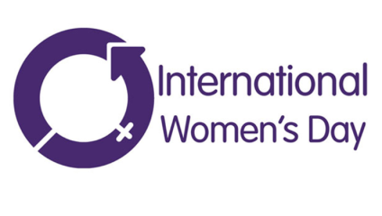 A purple circular arrow with a cross mark on its lower right forms the symbol for International Women's Day. To the right of the symbol, the text International Women's Day is written in a matching purple font.