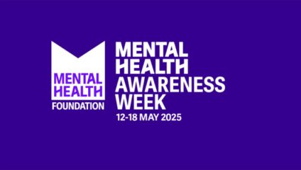 A white logo for the Mental Health Foundation against a purple background, and the text 'Mental Health Awareness Week 12-18 May 2025'