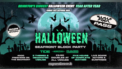 Promotional poster for the Halloween seafront block party ran by Rox promotions. Text on silhouetted graveyard clip art design.