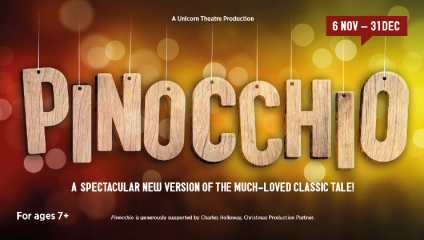 Title treatment of Pinocchio. Sparkly shiny background with wooden letters hung from strings.