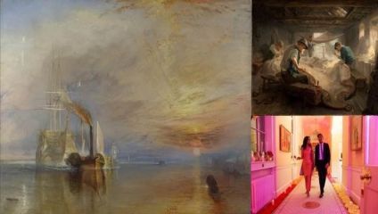 A collage of three images: the left image depicts a serene seascape with ships at sunset; the top right image shows a historical scene in a quaint room with people working; the bottom right image features two people walking down a brightly lit, pink hallway.
