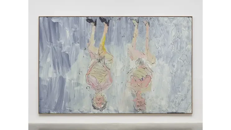 An abstract painting featuring two indistinct human figures. The figures appear side by side, characterized by soft, blended brushstrokes in light colors. The background is a mix of blues, grays, and whites, giving a textured, layered appearance.