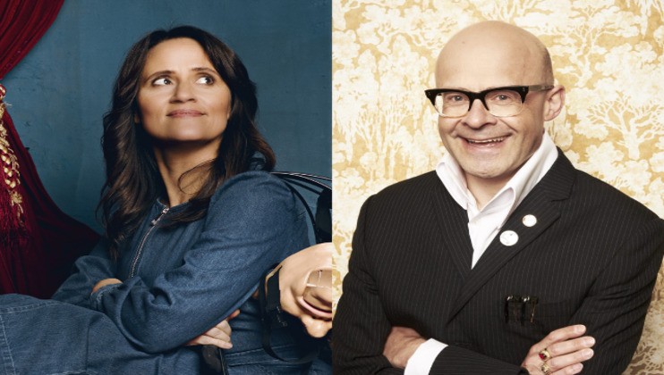 A split image featuring two people: on the left, a woman with long brown hair wearing a denim jacket, sitting and looking upwards; on the right, a bald man with glasses wearing a striped suit and smiling, with a golden-colored background.