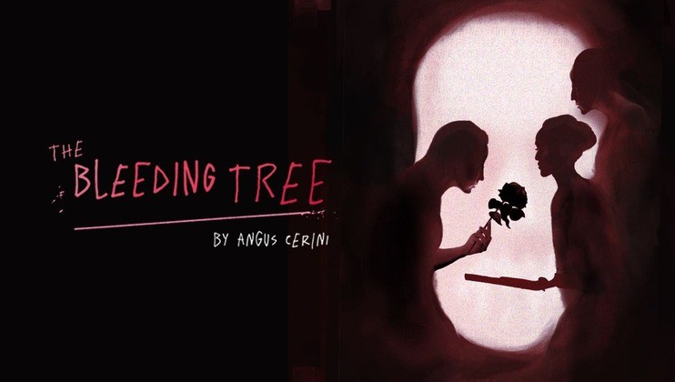 Dark-themed cover for The Bleeding Tree by Angus Cerini shows silhouettes of three figures. One kneels, offering a rose to a seated figure, while another stands behind. The title and author's name are written in red and white text on a black background.