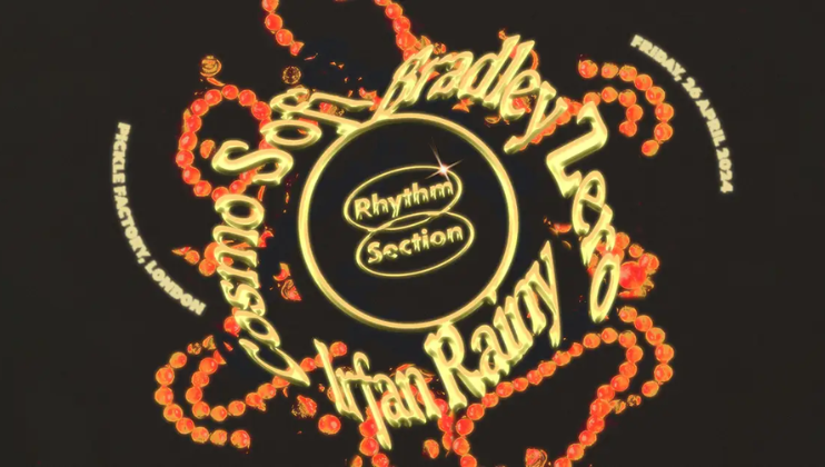 A swirling neon design with text promoting an event featuring music artists. The central text reads Rhythm Section in a circular design. Surrounding text includes Cosmo Sofi, Bradley Zero, Tijan Racy, and the date Friday, April 7, 2024. Location: Mickle Factory, London.