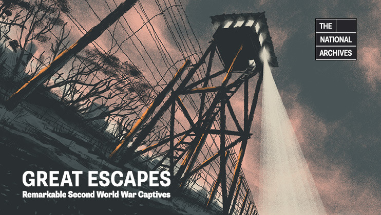 Artwork shows a watchtower with a searchlight and barbed wire fence, evoking a prison camp setting. It is dusk with a dramatic sky. Text reads Great Escapes: Remarkable Second World War Captives and The National Archives logo is in the top right corner.