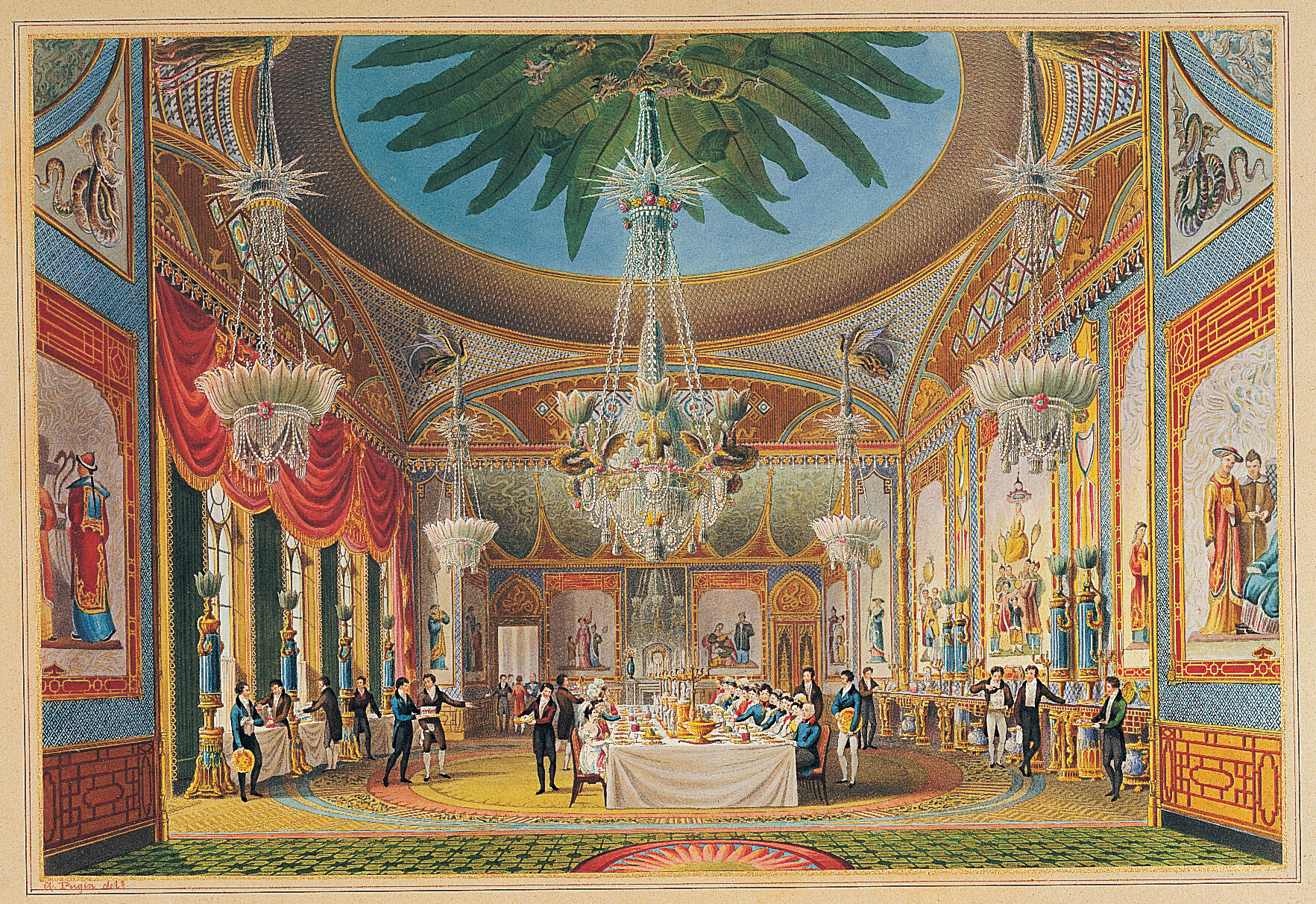 Stunning colourful topographic print from 1826 showing the Banqueting Room of Royal Pavilion, just one of the many Museums in Brighton