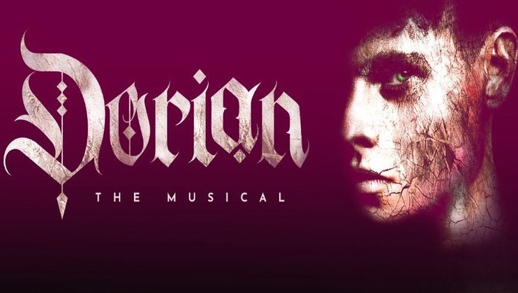 Poster for Dorian: The Musical featuring stylized, gothic text on a maroon background. The right half shows a portrait of a man's face, partially distorted with cracks and aged texture, emphasizing a haunting, dramatic theme.