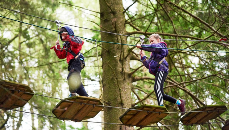 Two children, wearing safety harnesses and helmets, navigate a high ropes course in a forest. They are walking on wooden platforms suspended by ropes between trees. Both children appear focused and carefully make their way across the challenge.