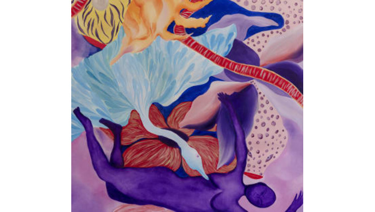 Abstract painting featuring vibrant colors and fluid shapes. Central elements include a purple figure, white bird, yellow and orange shapes, and large, flowing blue and pink forms. Patterns and textures create a dynamic, swirling composition.