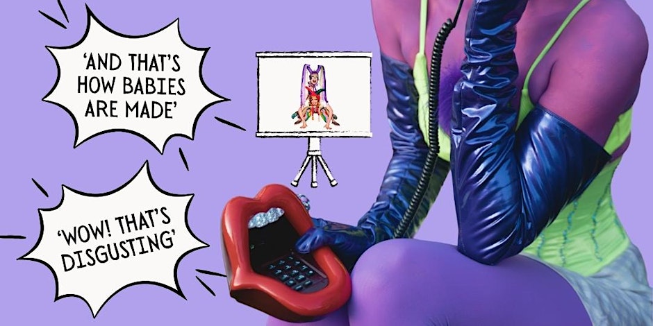 A pop art pastel purple poster advertising Gaylien de Mars' Human Things... a fundraiser LGBTQ+ friendly performance. Image includes text 'AND THAT's HOW BABIES ARE MADE' 'WOW! THAT'S DISGUSTING' in pop art text bubbles. To the right is a purple person in a lime green dress and shiny purple gloves holding a phone designed to look like an open mouth with gemstone teeth. There's some sort of bizarre drag performance illustrating the text on a cartoon whiteboard in the background.